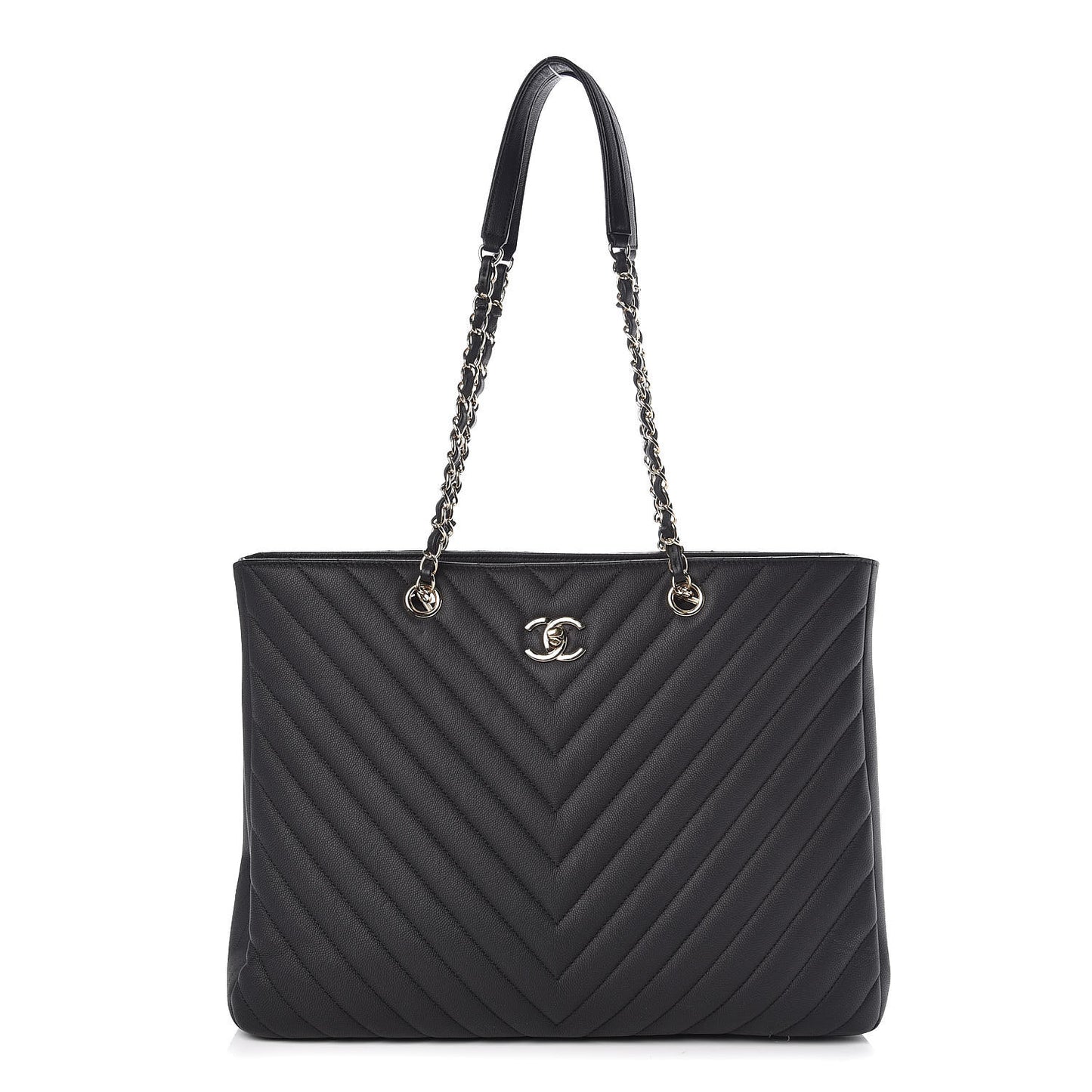Caviar Chevron Quilted Large Shopping Tote Black