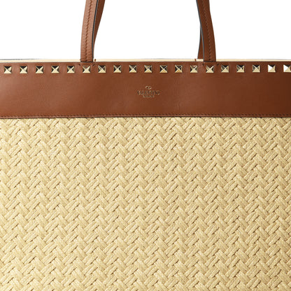 Valentino Garavani Raffia Calfskin Rockstud Shoulder Tote Naturale Saddle Brown 9 of 9