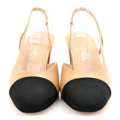 Chanel Goatskin Grosgrain Cap Toe CC Slingback Pumps 37.5 Beige Black 3 of 9