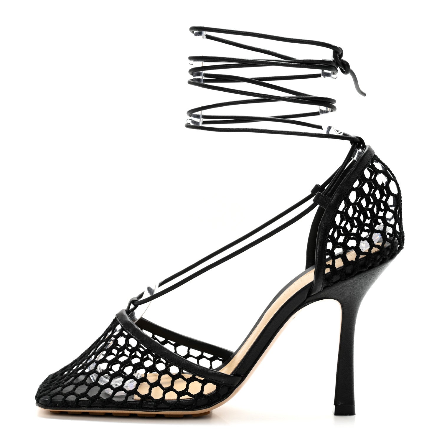 Bottega Veneta Mesh Nappa Stretch Ankle Tie Sandals 38 Black 1 of 9