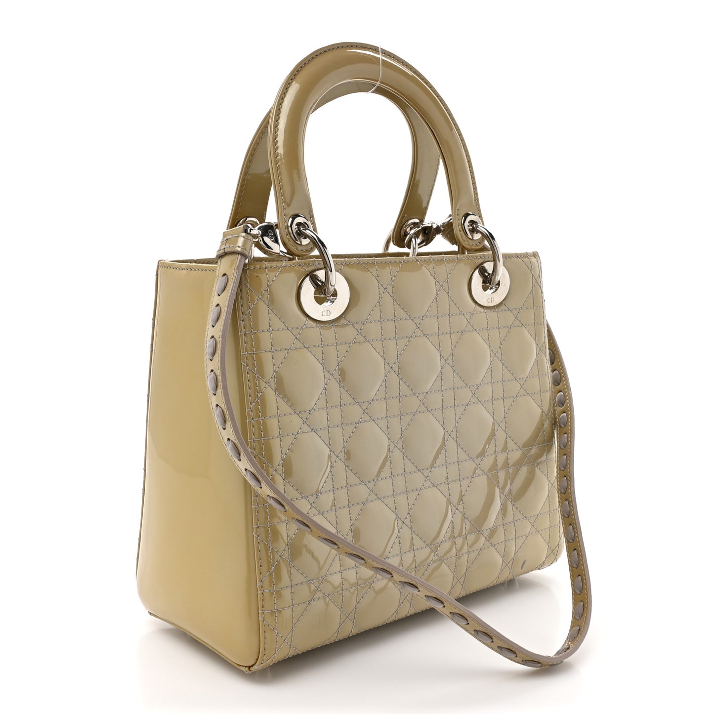 Patent Cannage Studded Double Strap Medium Lady Dior Beige