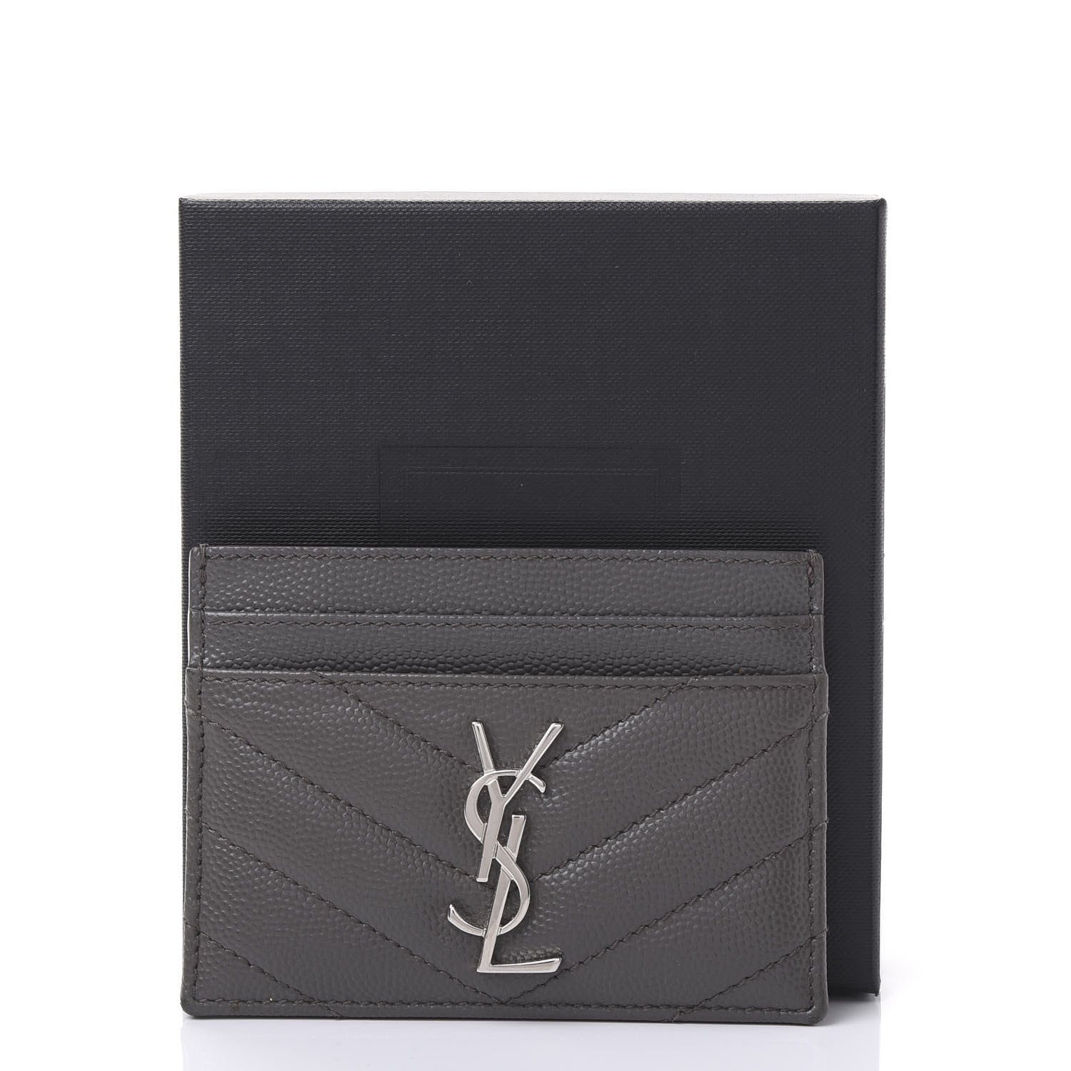 Saint Laurent Grain De Poudre Matelasse Chevron Monogram Credit Card Case Coal 10 of 10
