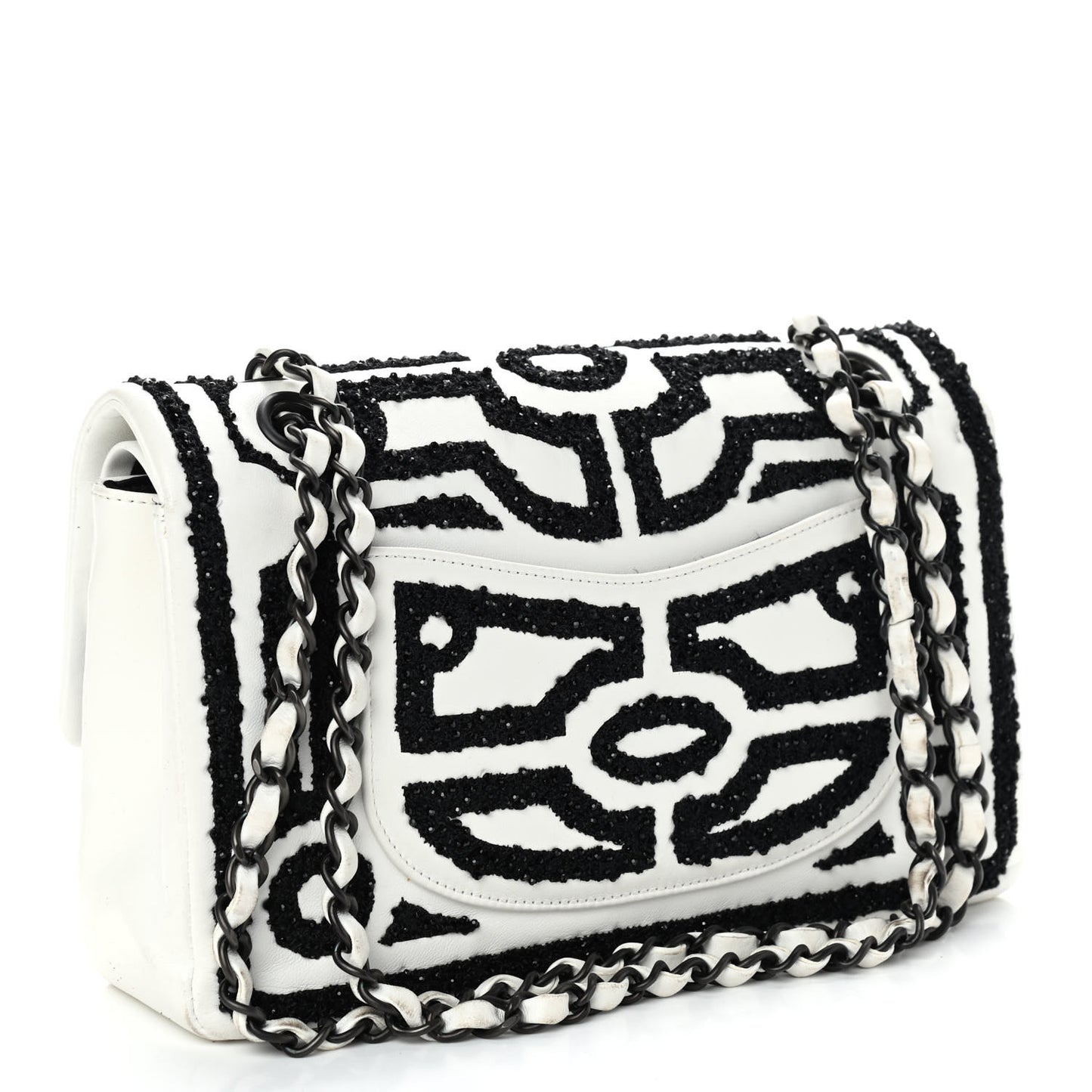 Lambskin Crystal Embroidered Medium Garden Of Versailles Double Flap Black White