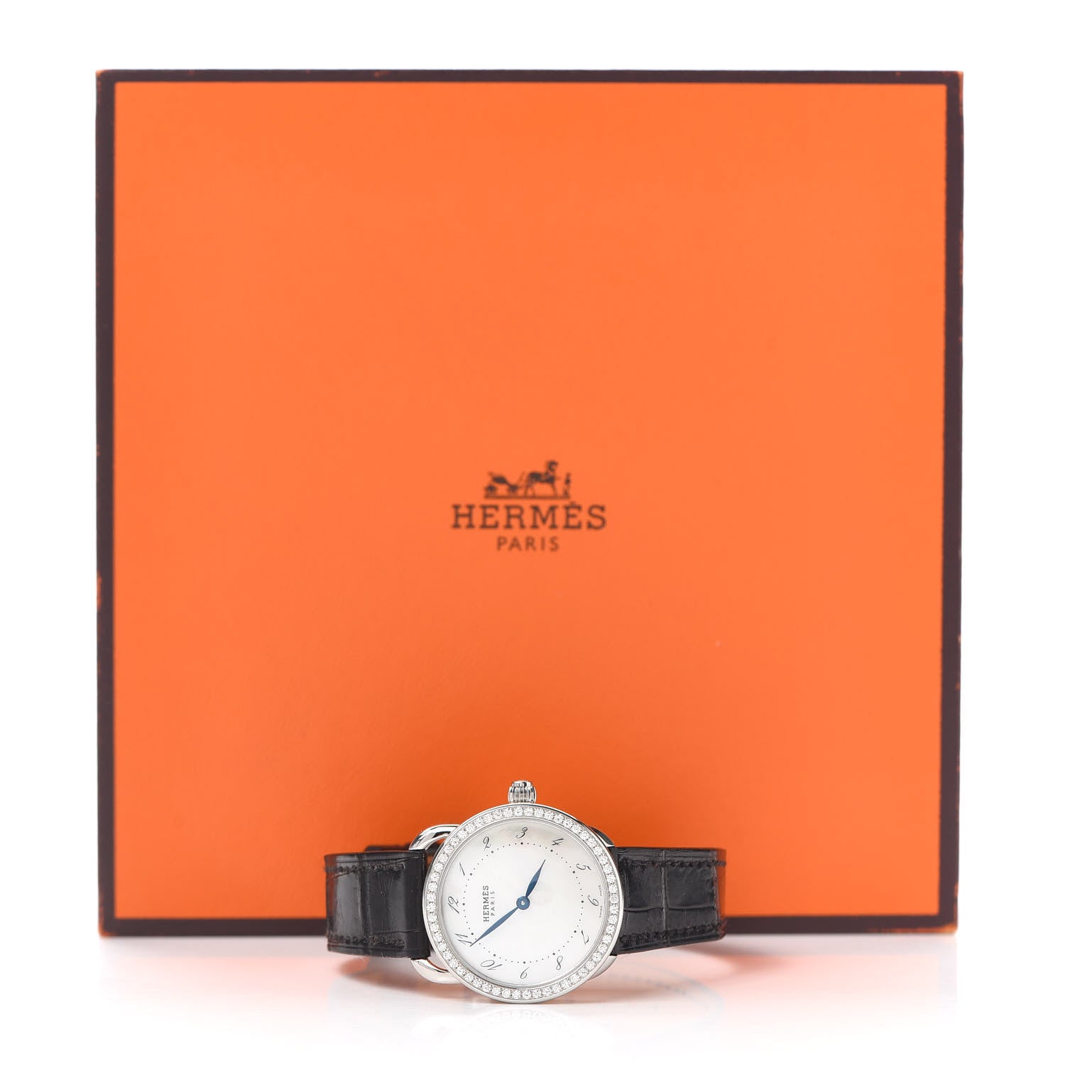 Hermes Stainless Steel Alligator Diamond Mother of Pearl 28mm Arceau Quartz Watch Noir 5 of 5