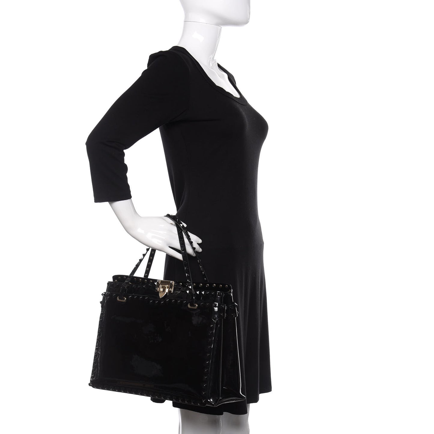 Patent Rockstud Flip Lock Tote Black