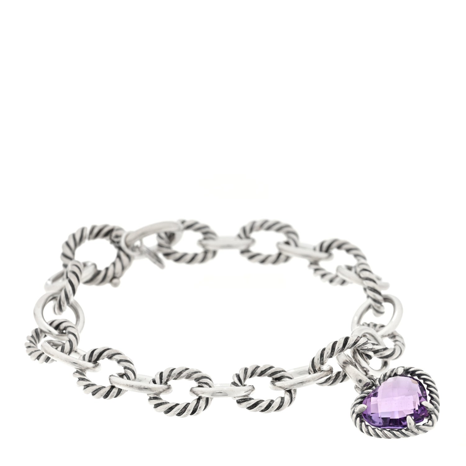 David Yurman Sterling Silver Amethyst 10mm Medium Oval Link Cable Heart Charm Bracelet 1 of 4