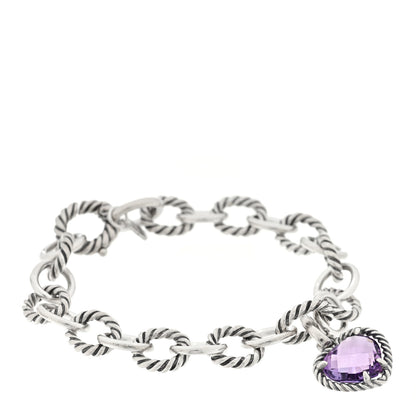 David Yurman Sterling Silver Amethyst 10mm Medium Oval Link Cable Heart Charm Bracelet 1 of 4