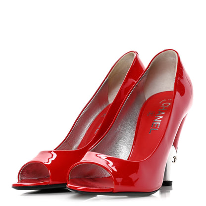 Chanel Patent Open Toe CC Pumps 38 Red 3 of 10