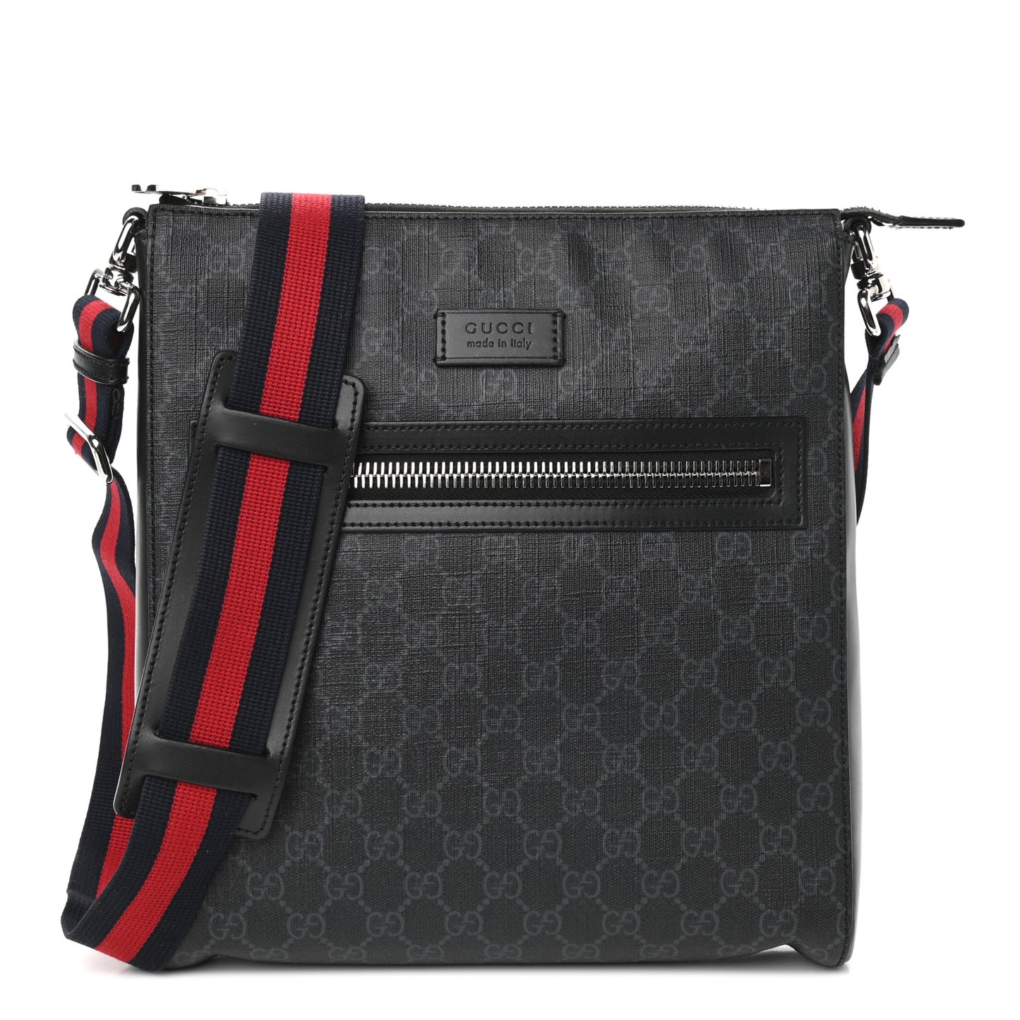 GG Supreme Monogram Appia Calfskin Web Flat Messenger Bag Black Grey