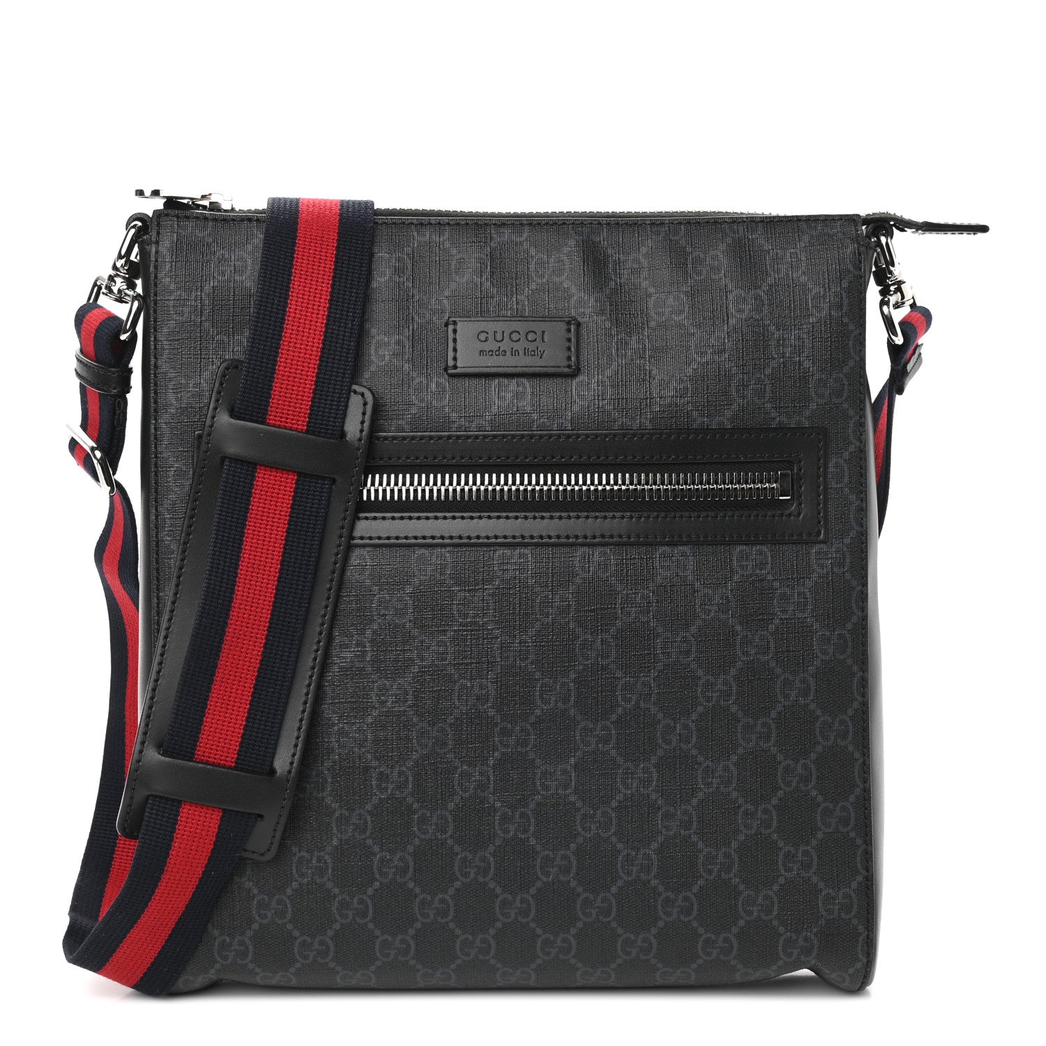 Gucci GG Supreme Monogram Appia Calfskin Web Flat Messenger Bag Black Grey 1 of 12