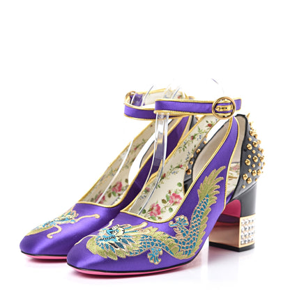 Gucci Satin Embroidered Dragon Caspar Pumps 38.5 Purple Oro Vecchio Black 3 of 11