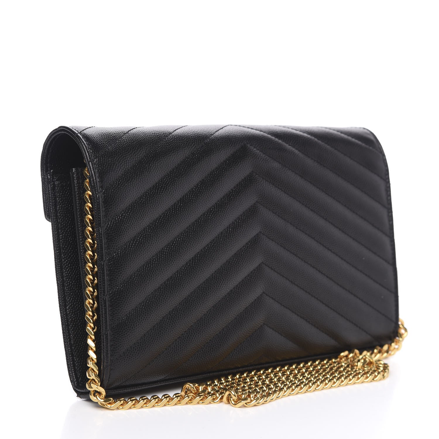 Saint Laurent Grain De Poudre Matelasse Chevron Monogram Chain Wallet Black 2 of 8