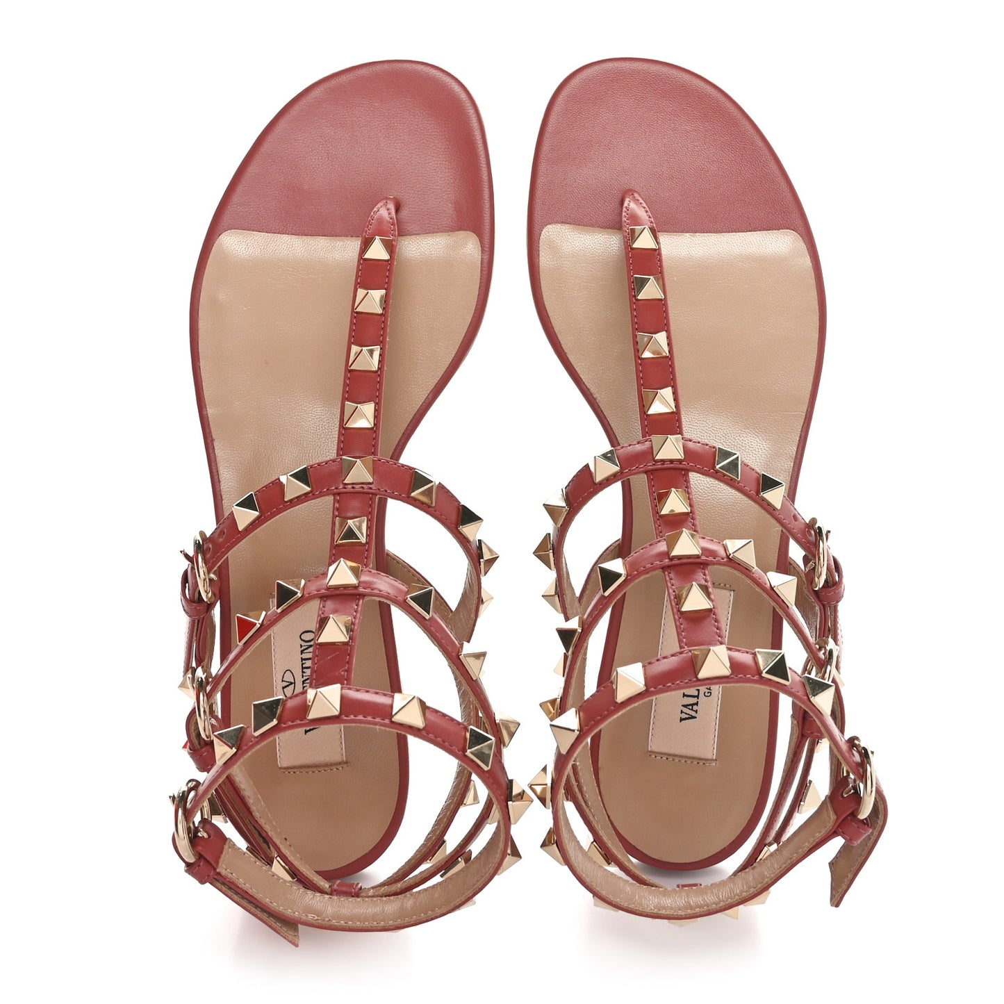 Calfskin Nappa Rockstud Ankle Wrap Flat Thong Sandals 36.5 Ginger