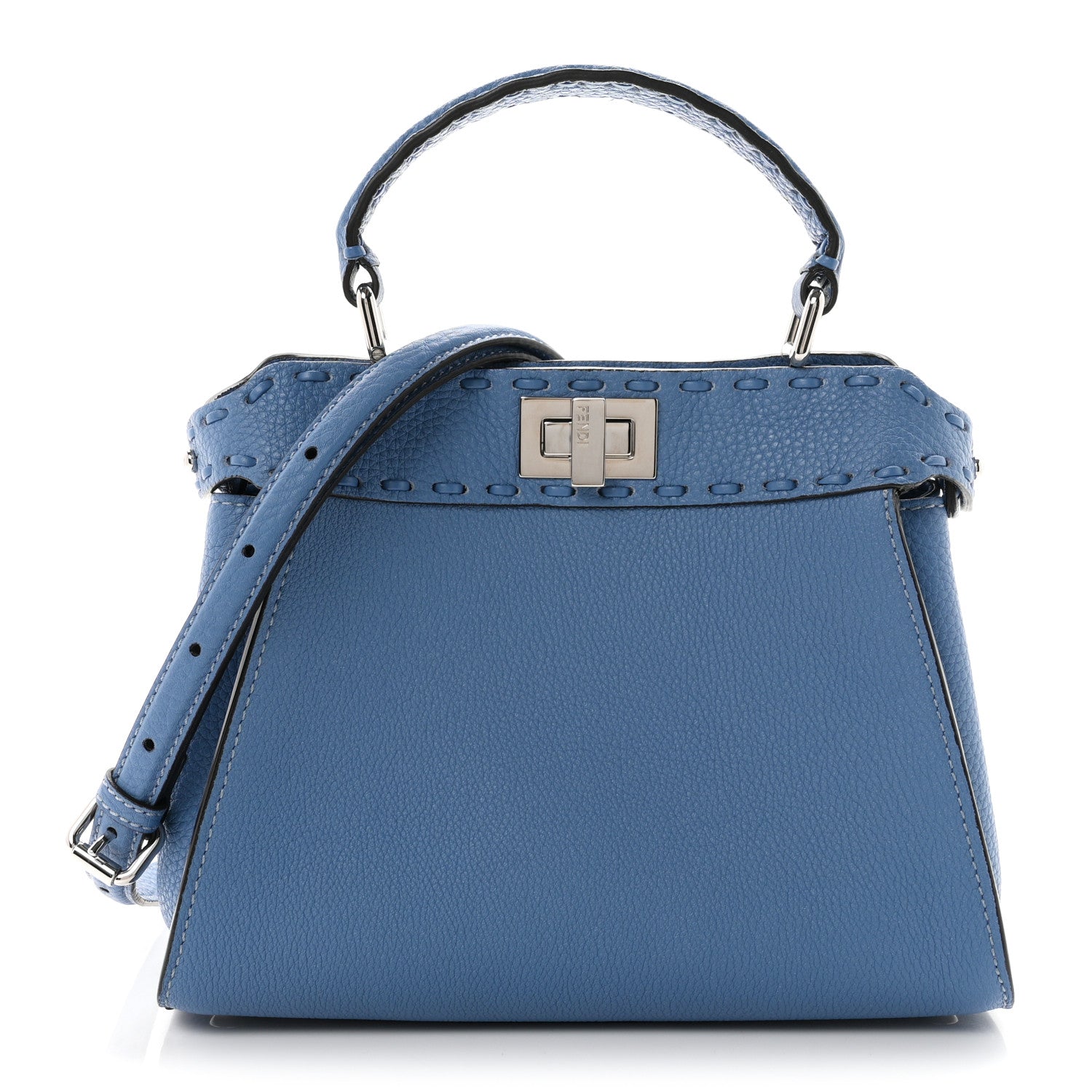 Fendi Cuoio Romano Selleria Macro Stitchings Mini Peekaboo Iconic Satchel Placca Argento Blue 1 of 10