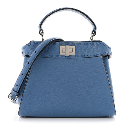 Fendi Cuoio Romano Selleria Macro Stitchings Mini Peekaboo Iconic Satchel Placca Argento Blue 1 of 10