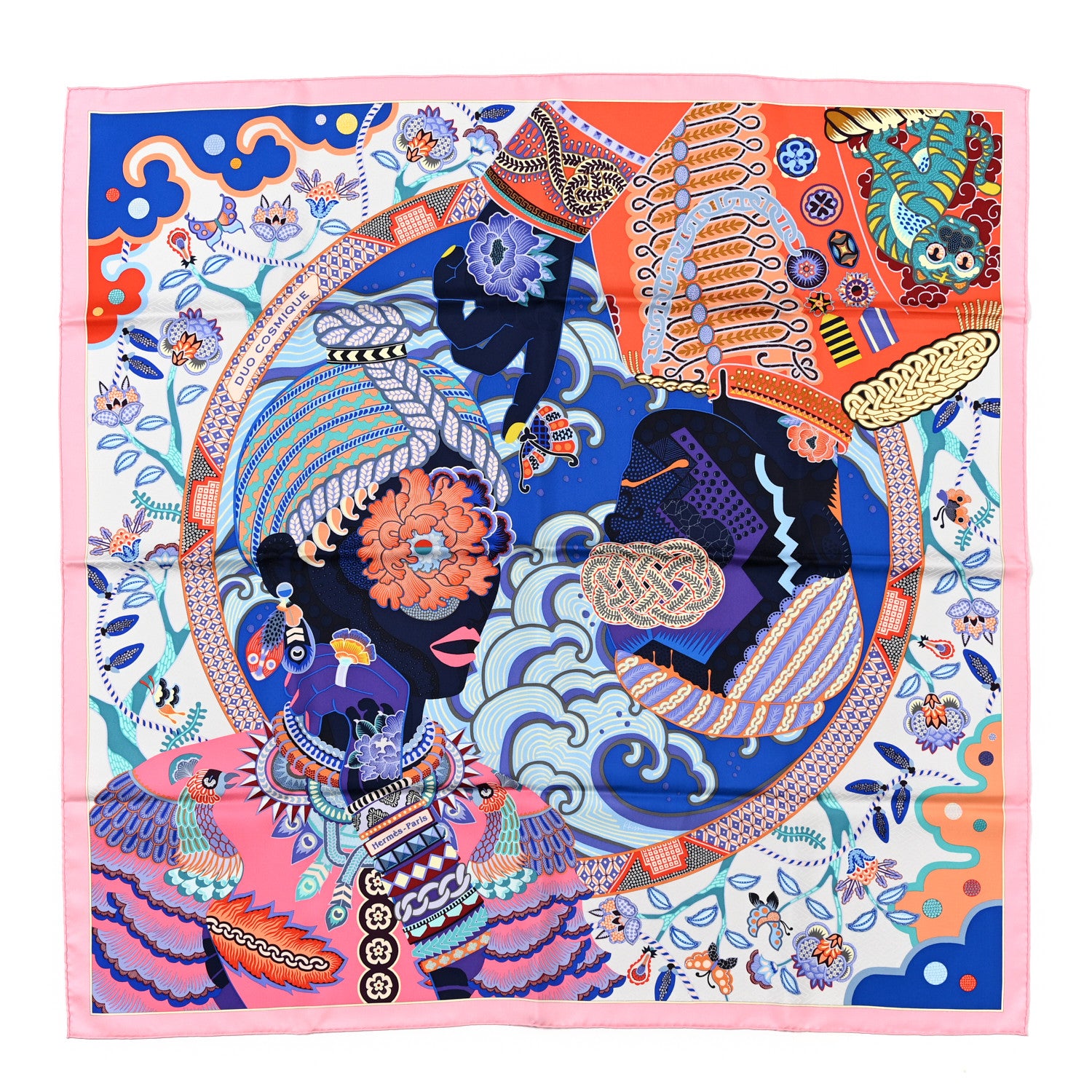 Hermes Silk Twill Duo Cosmique Scarf 90 Rose Pale Bleu Orange 1 of 6