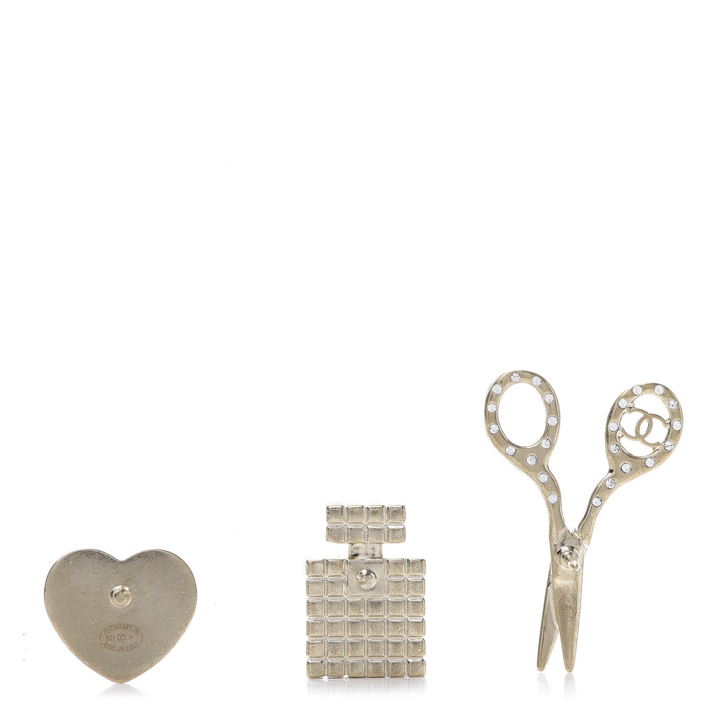 Metal Strass Crystal Quilted CC Heart Scissors Perfume Brooch Set Gold