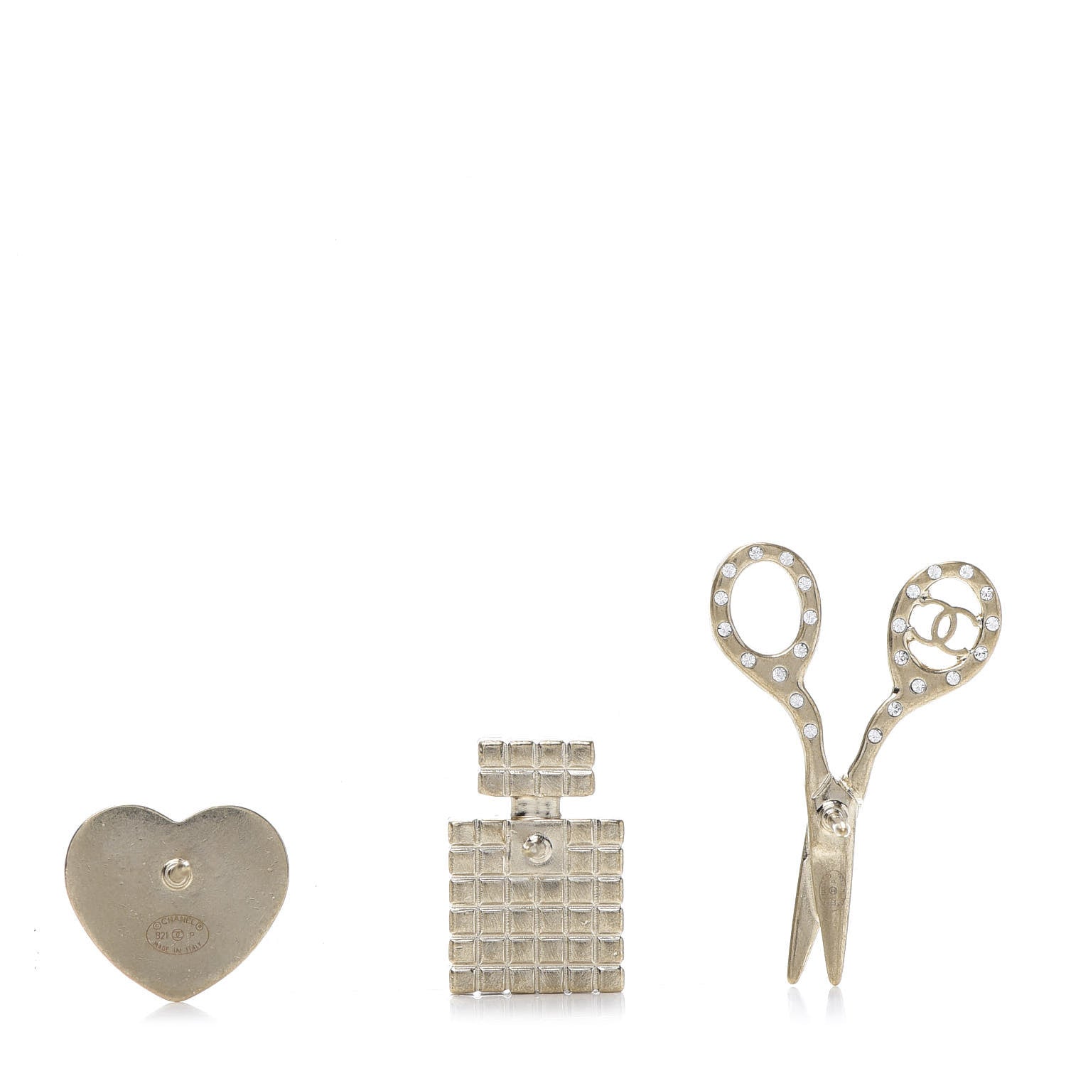 Chanel Metal Strass Crystal Quilted CC Heart Scissors Perfume Brooch Set Gold 3 of 6