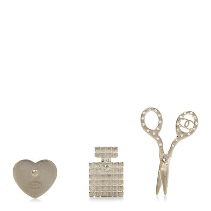 Chanel Metal Strass Crystal Quilted CC Heart Scissors Perfume Brooch Set Gold 3 of 6