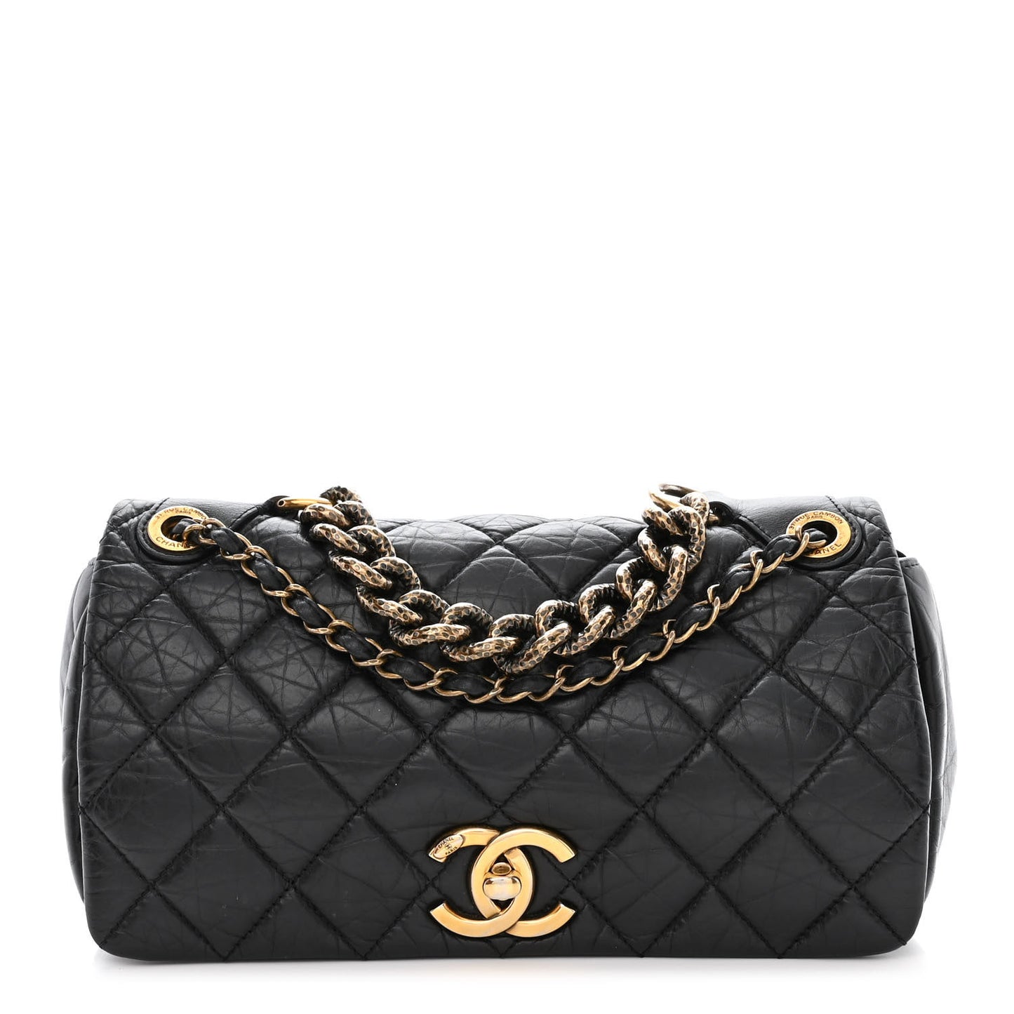 Aged Calfskin Quilted Medium Pondichery Flap Black