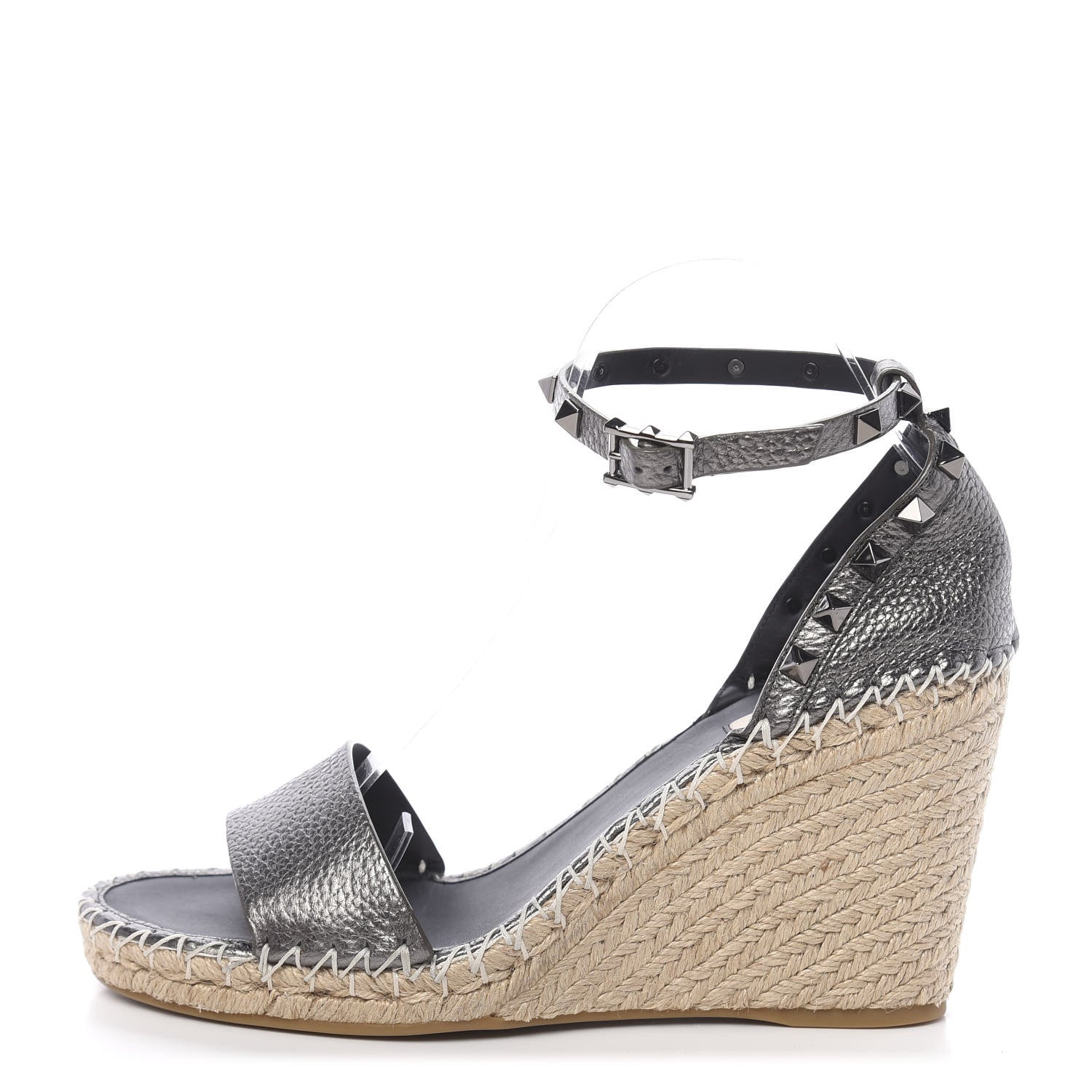 Valentino Garavani Metallic Grained Calfskin Rockstud Ankle Strap Espadrille 15/105mm Wedge Sandals 41 Rutenio Natural 1 of 10