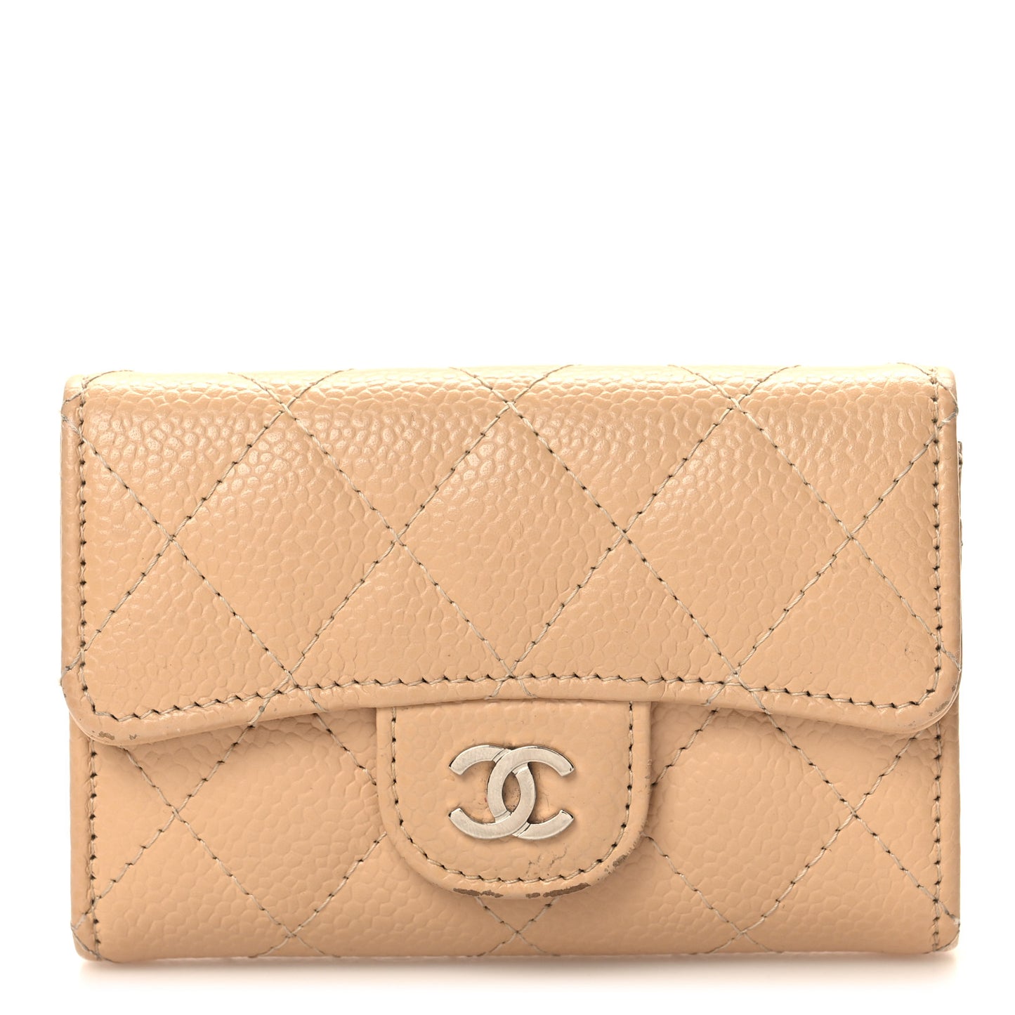 Caviar Quilted Flap Card Holder Wallet Beige