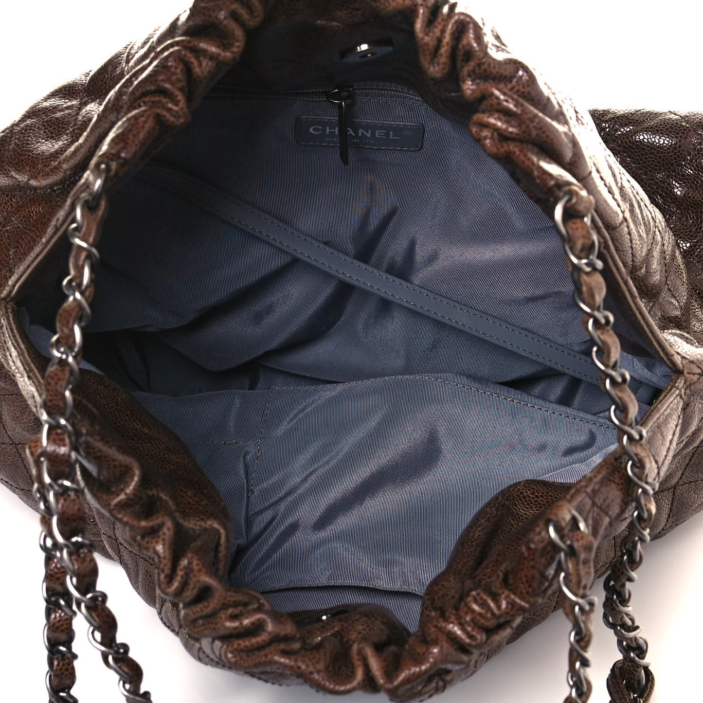 Distressed Glazed Caviar Quilted Large Elastic Tote Brown