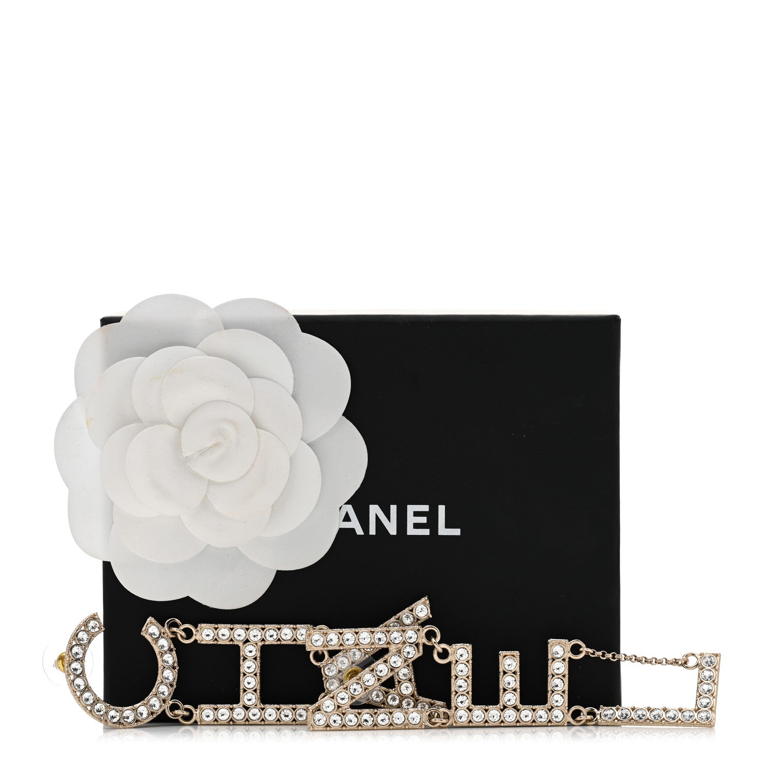 Chanel Crystal Cha-Nel Logo Drop Earrings Gold 5 of 5