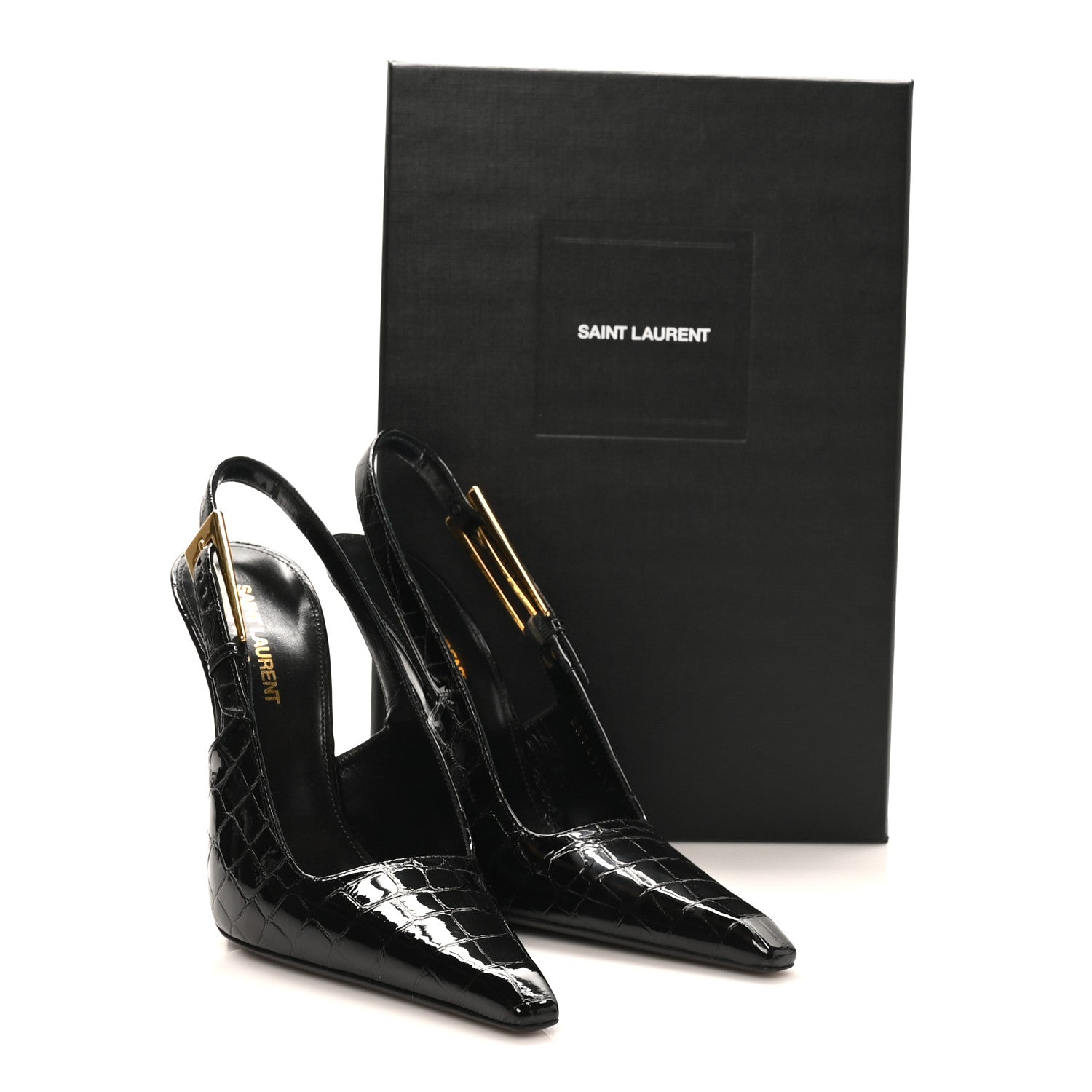 Saint Laurent Calfskin Crocodile Embossed Slingback Graham Pumps 38 Black 9 of 9