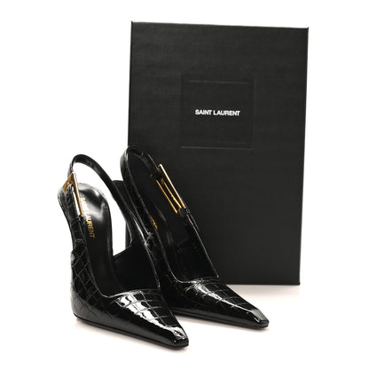 Saint Laurent Calfskin Crocodile Embossed Slingback Graham Pumps 38 Black 9 of 9