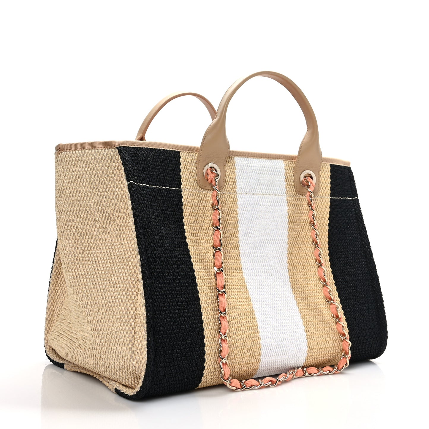 Straw Raffia Calfskin Striped Medium Deauville Tote Black Beige Ivory