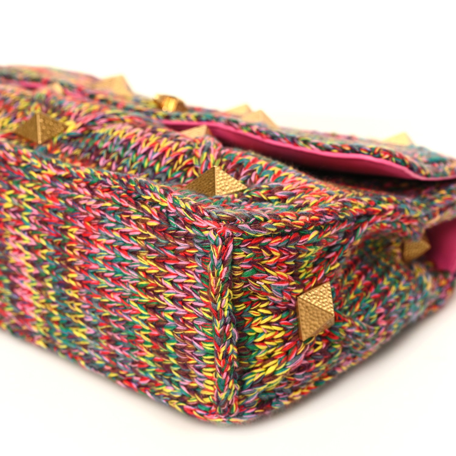 Valentino Garavani Wool Woven Large Roman Stud Shoulder Bag Multicolor Feminine Pink 8 of 8