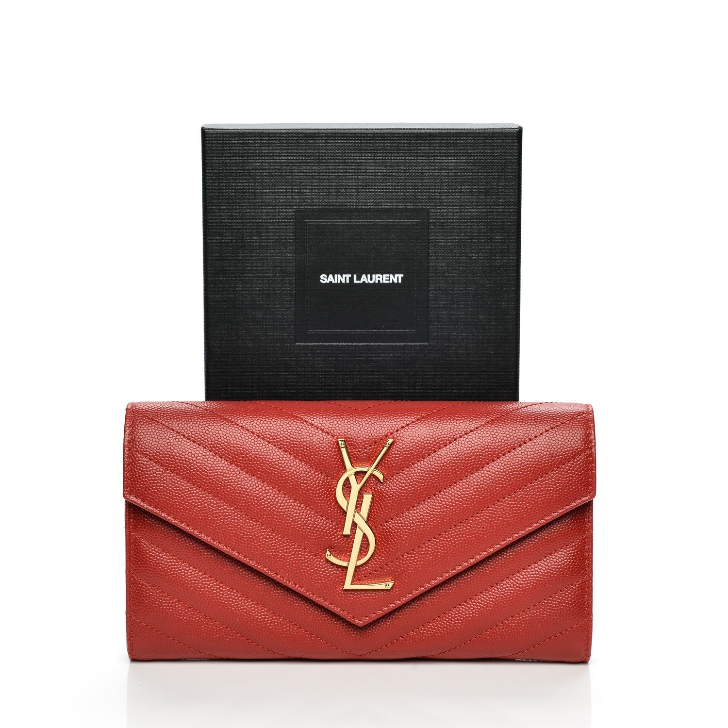 Saint Laurent Grain De Poudre Matelasse Chevron Monogram Wallet New Red 8 of 8