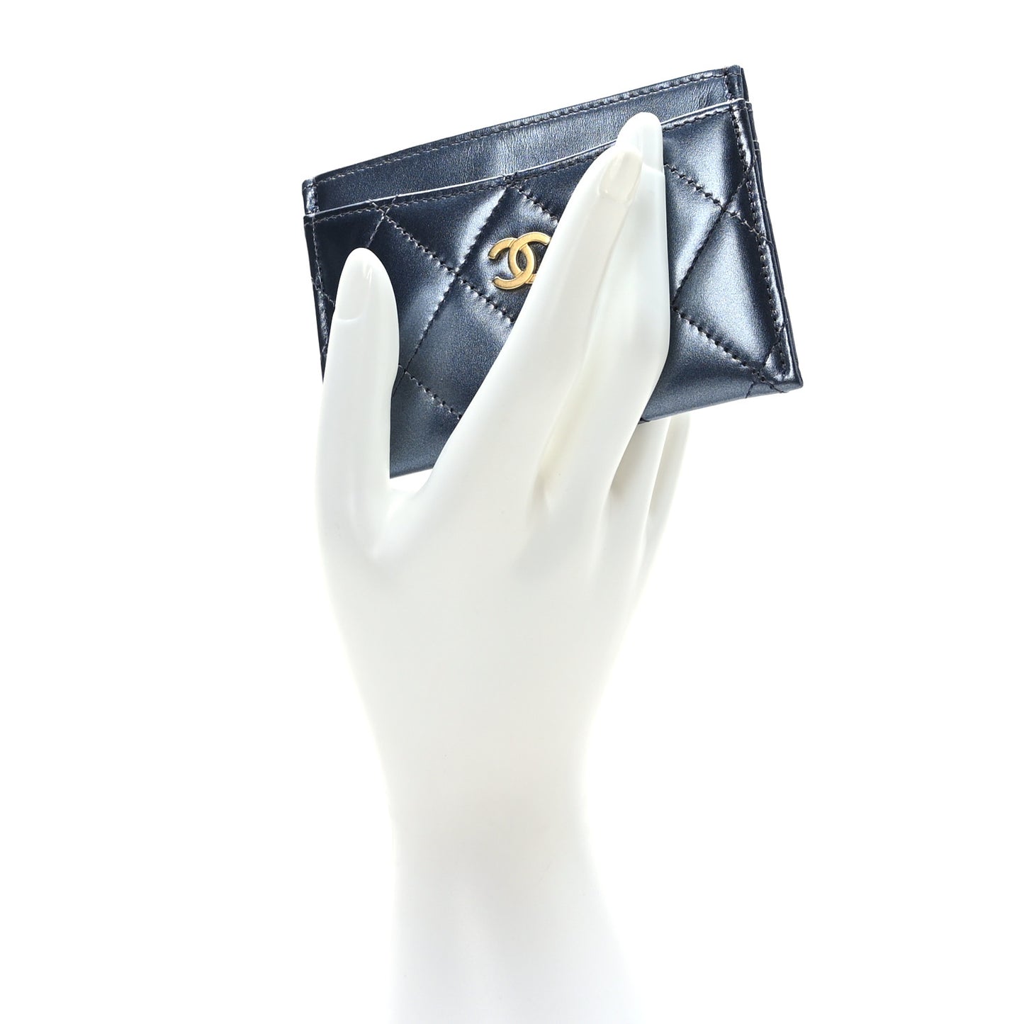 Metallic Lambskin Quilted Card Holder Dark Blue