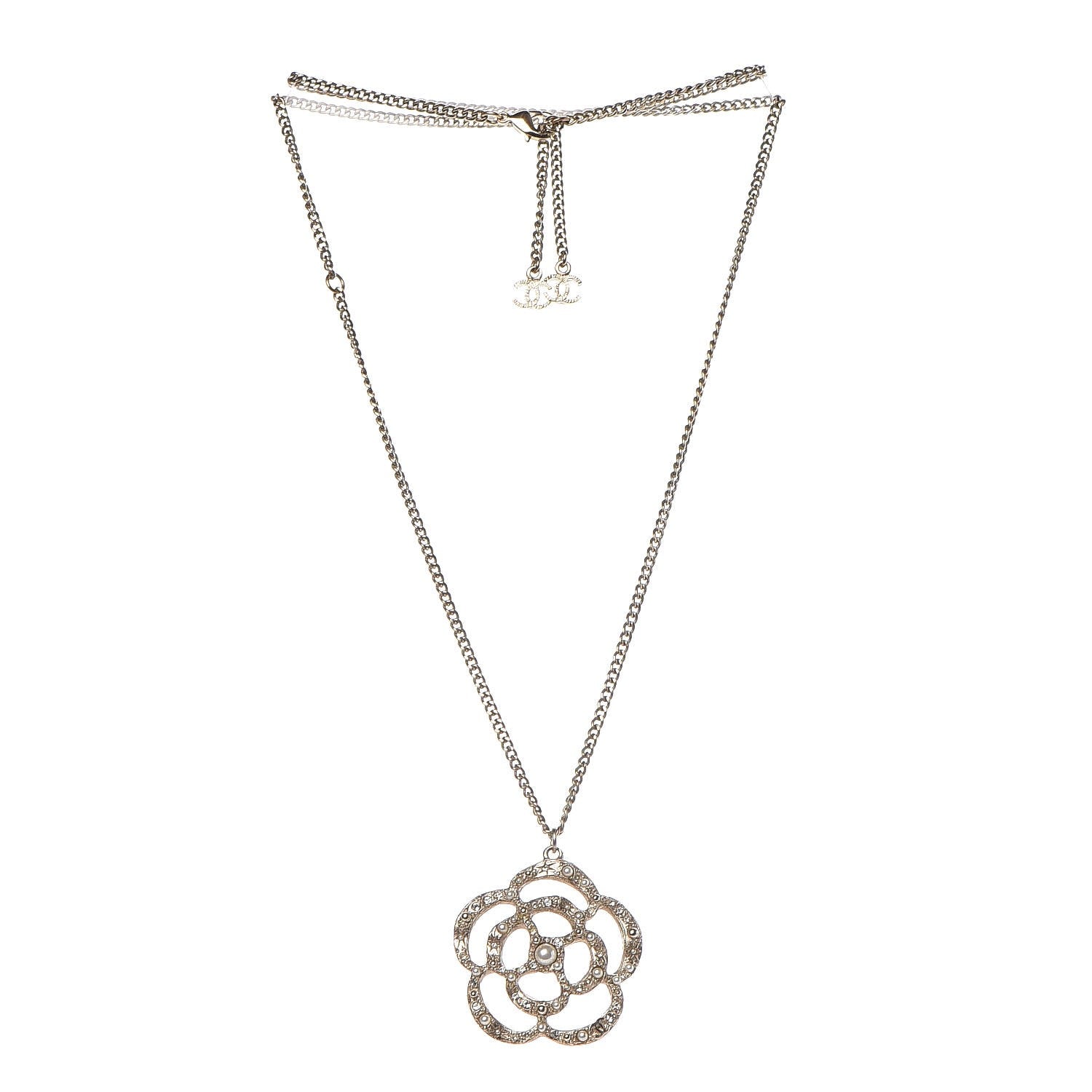 Chanel Crystal Pearl Camellia Necklace Gold 3 of 6