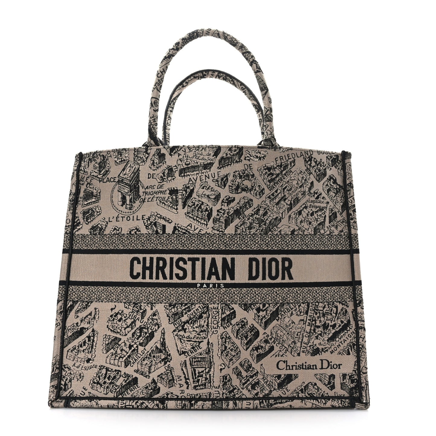 Canvas Embroidered Large Plan De Paris Book Tote Beige Black