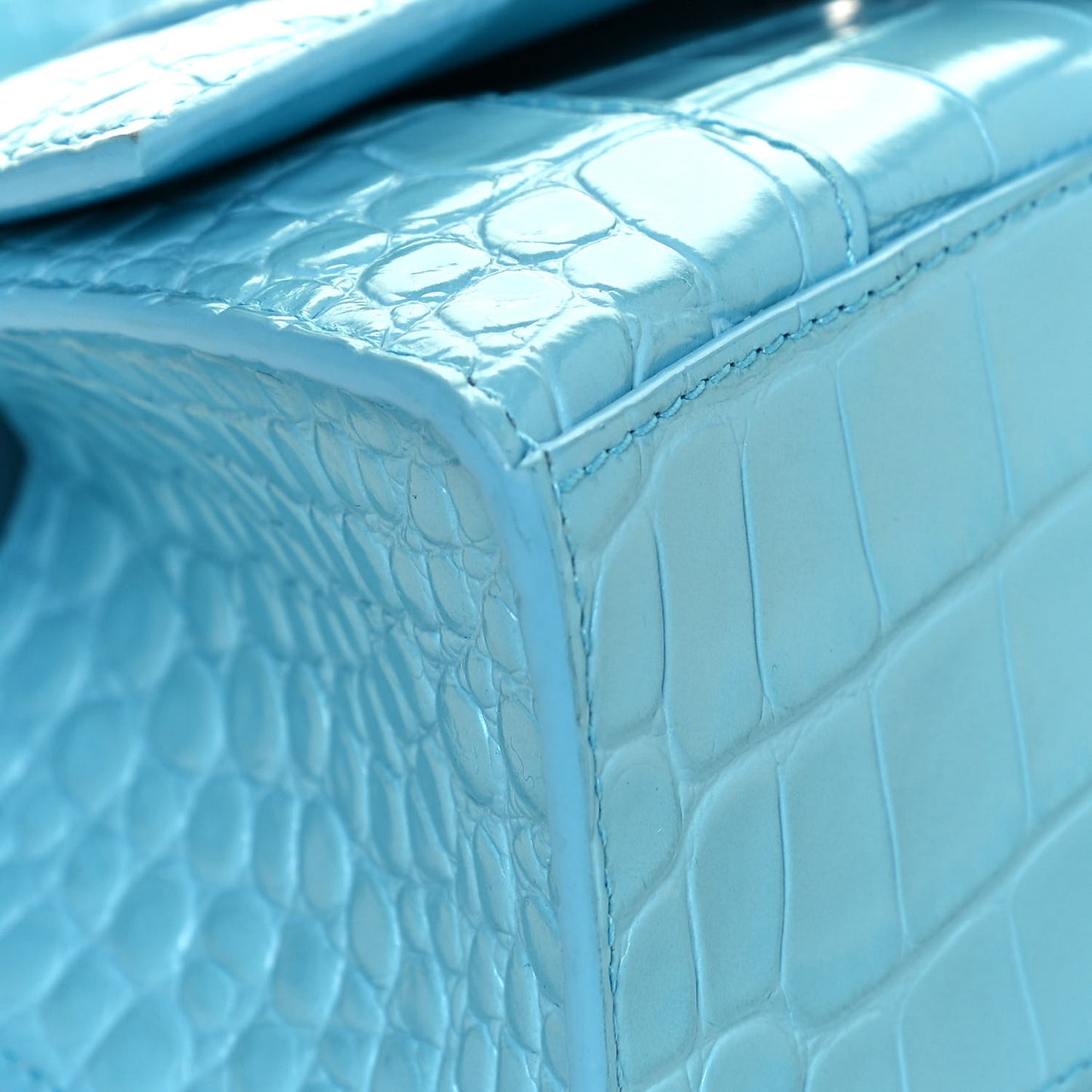 Shiny Calfskin Crocodile Embossed Hourglass Top Handle Bag XS Azur