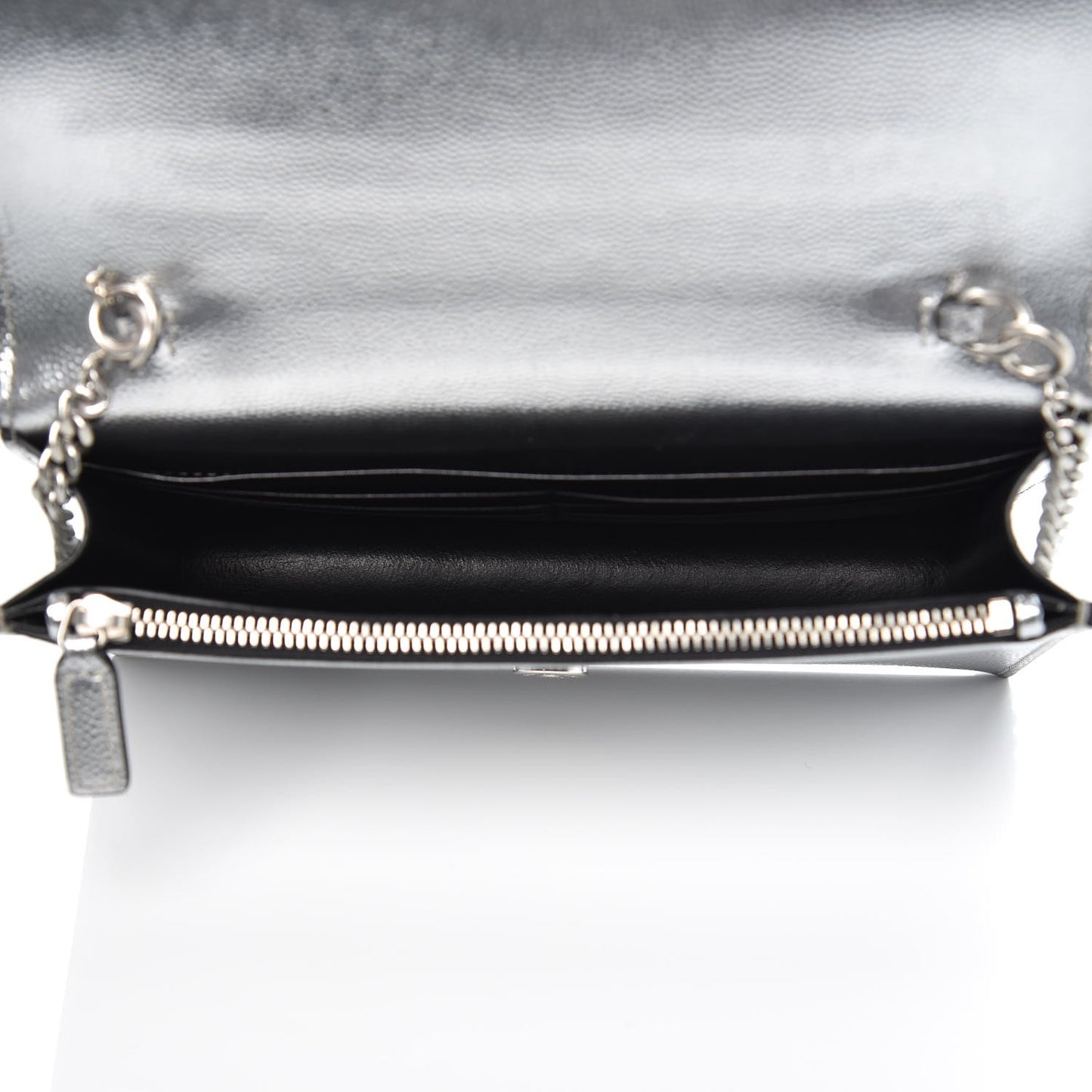 Metallic Grain De Poudre Kate Monogram Tassel Chain Wallet Silver