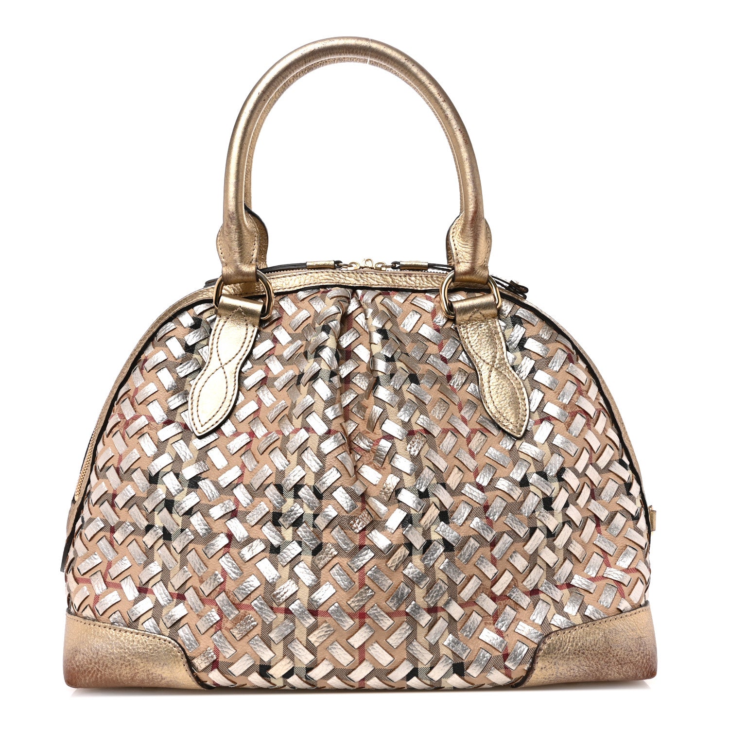 Burberry Metallic Woven Haymarket Check Thornley Satchel Gold 1 of 13