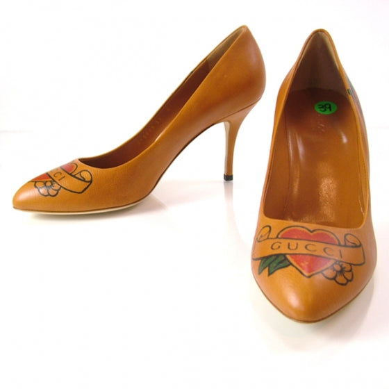 Gucci Leather Heart Tattoo Pumps 39.5 Tan 1 of 8
