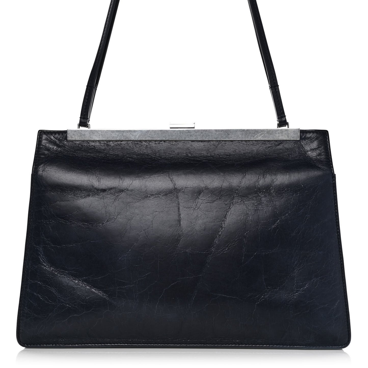 Shiny Paperweight Calfskin Medium Clasp Shoulder Bag Navy Blue