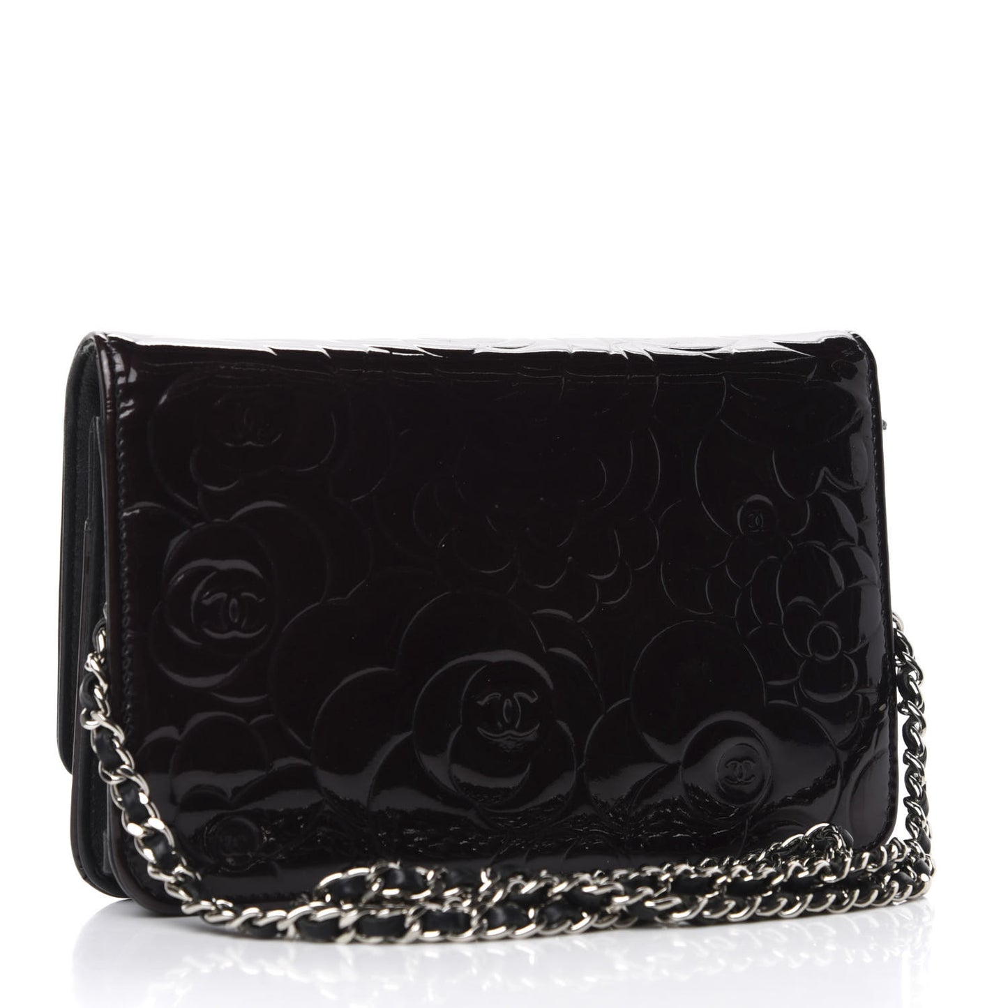 Patent Camellia Embossed Wallet On Chain WOC Brown
