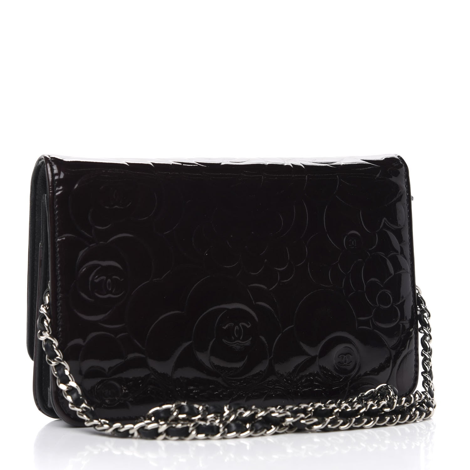 Chanel Patent Camellia Embossed Wallet On Chain WOC Brown 3 of 9