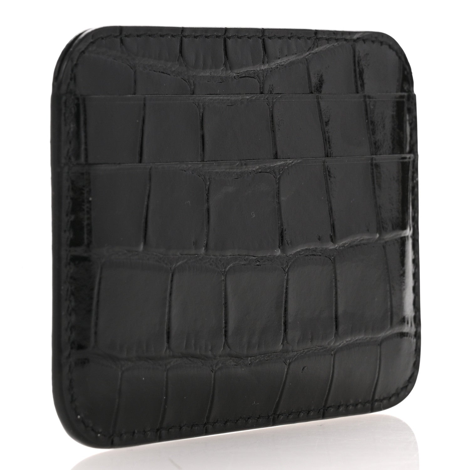 Balenciaga Shiny Calfskin Logo Crocodile Embossed Cash Rounded Card Holder Black White 3 of 9