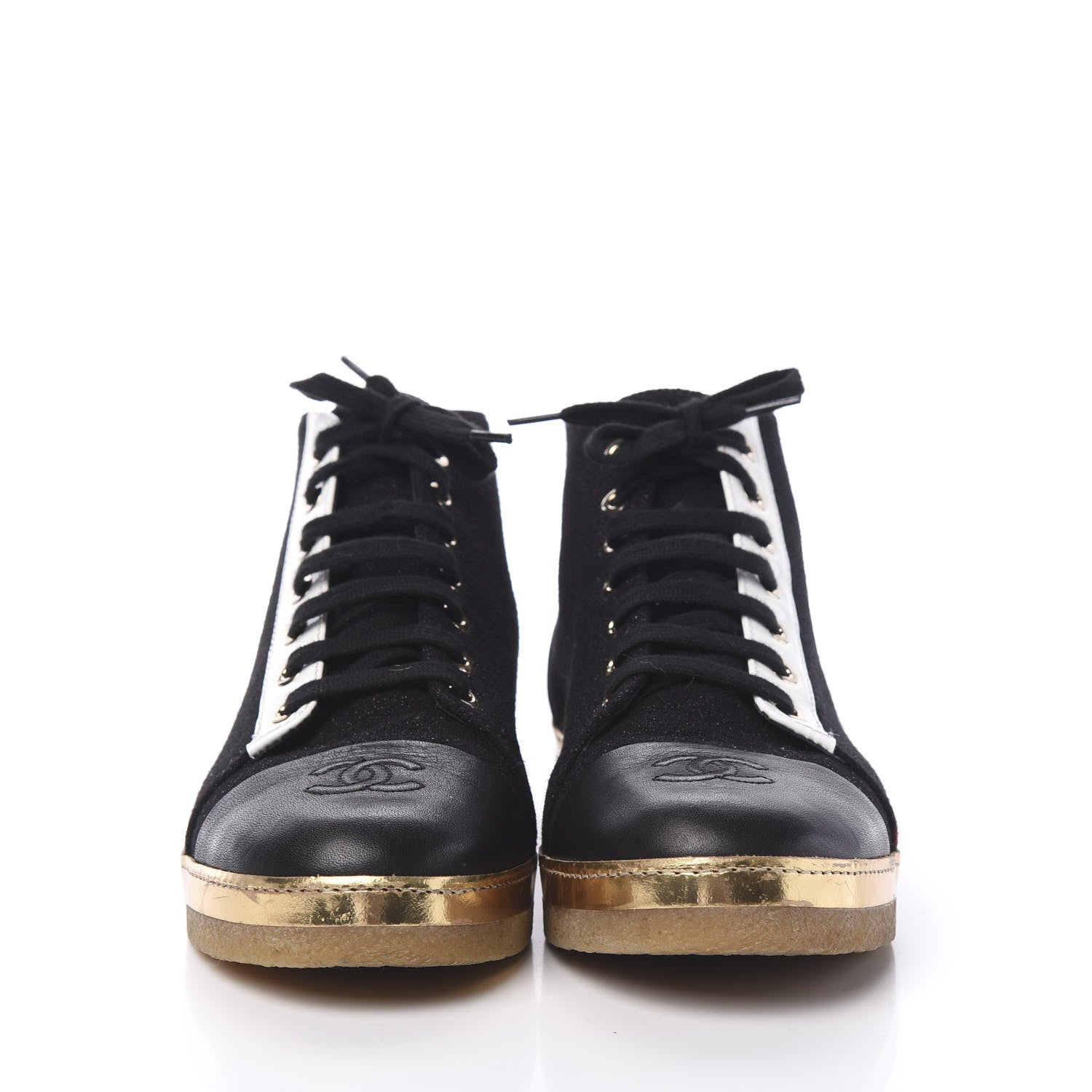Chanel Tweed Metallic Lambskin High Top Sneakers 38.5 Black Gold 2 of 8