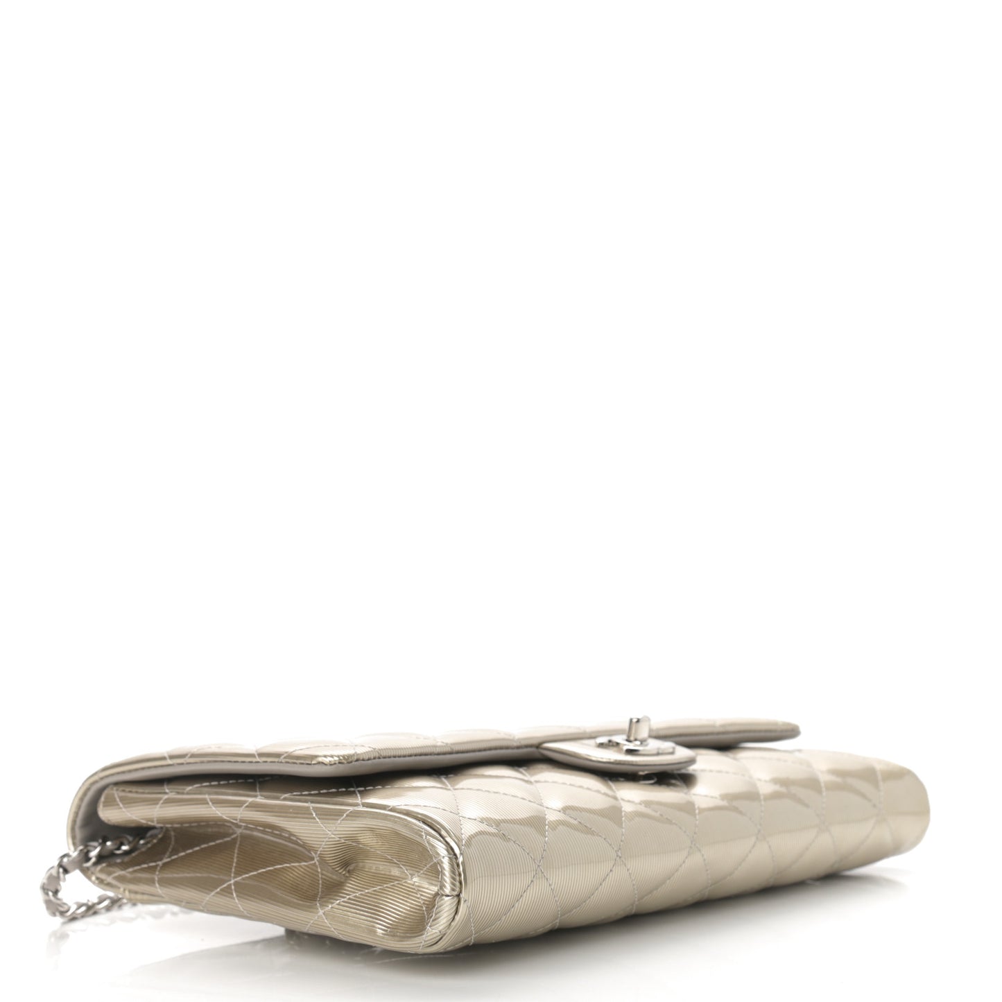 Striated Patent Quilted Clutch With Chain Flap Beige