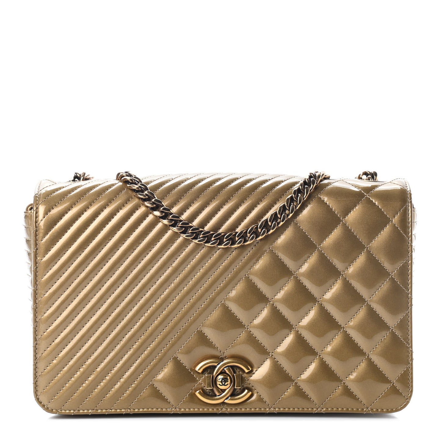 Metallic Patent Diagonal Quilted Flap Gold
