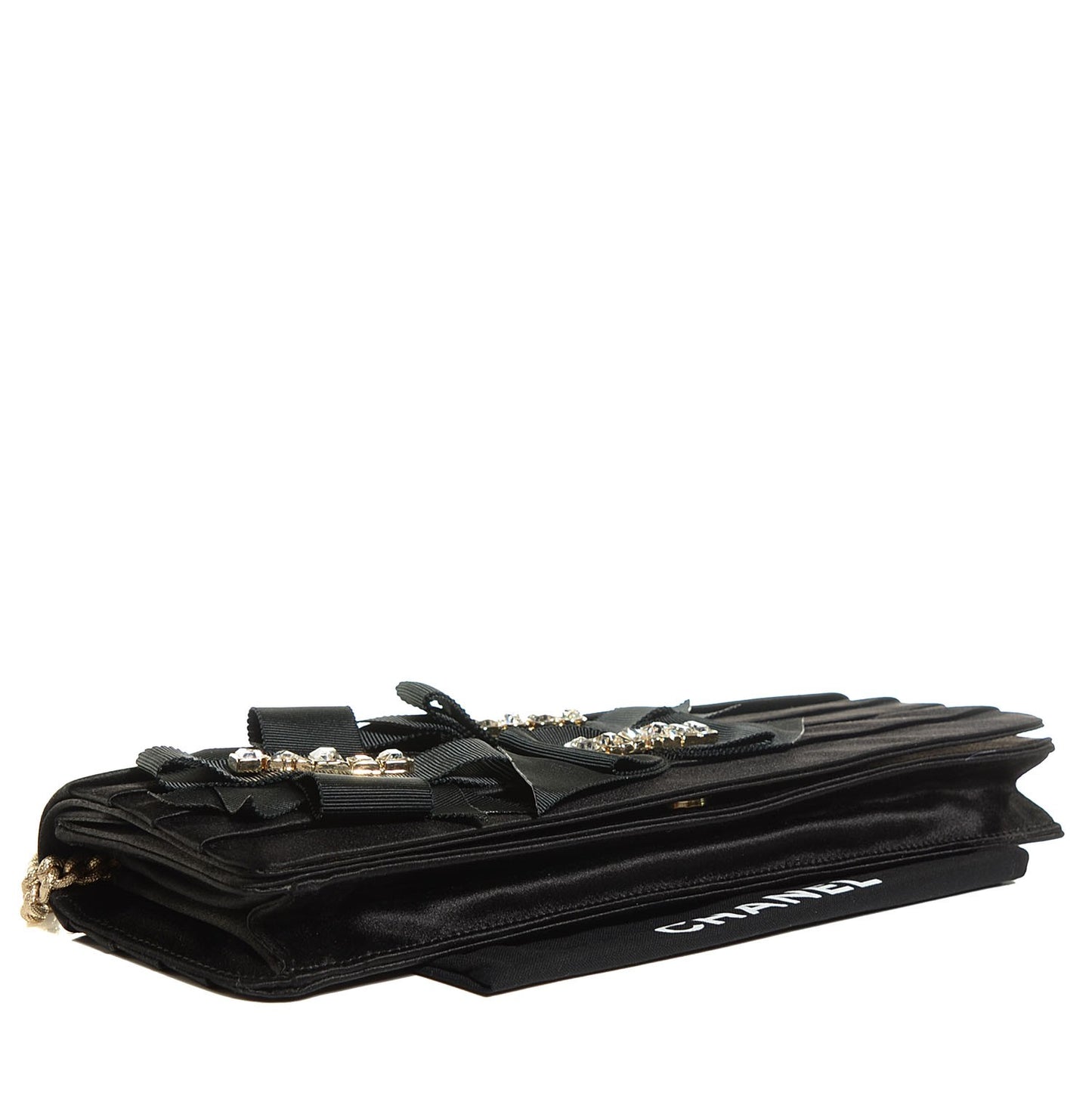 Satin Grosgrain Crystal Bow Convertible Clutch Black