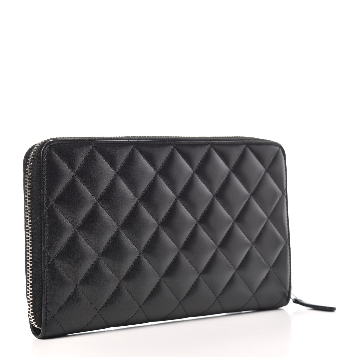 Lambskin Quilted Large Zip Around Organizer Wallet Black