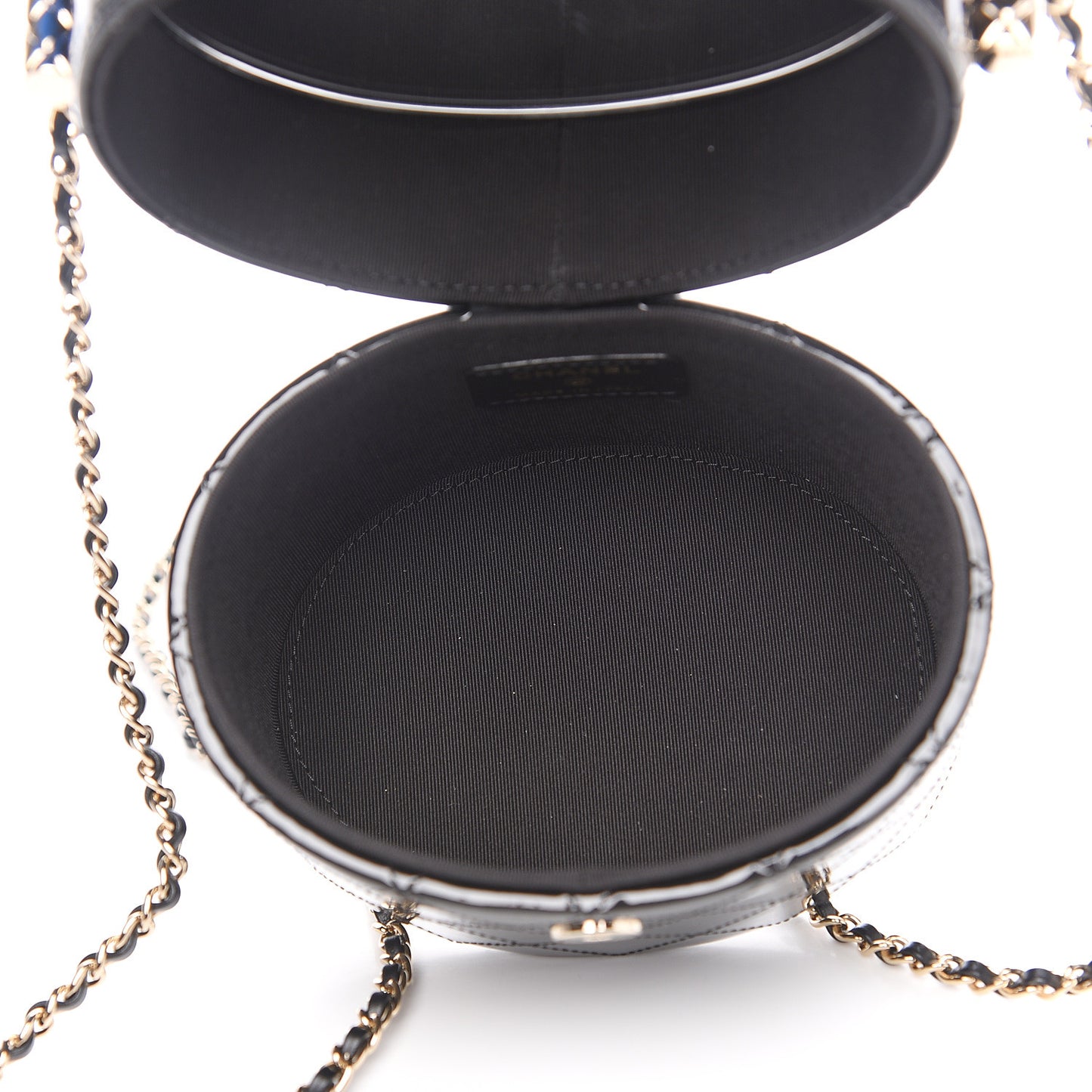 Patent Quilted Round Clutch With Chain Black